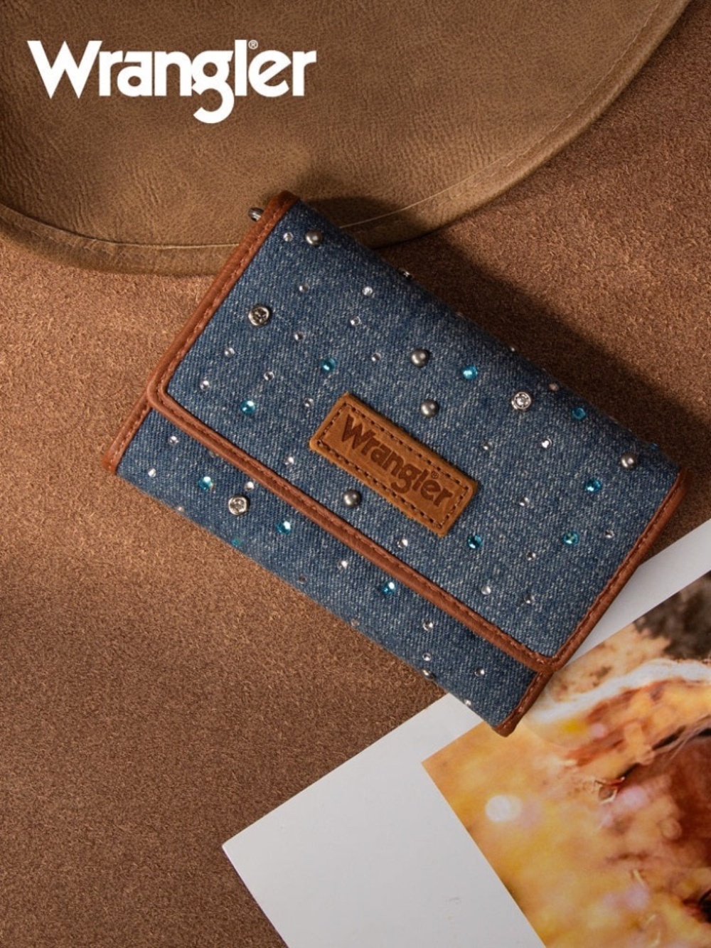 Wrangler Rhinestone Denim RFID Trifold Wallet Dark Jean
